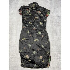 Vtg Chinese Dress Womens‎ 34 Black 80s 70s Satin Floral Embroidered Kimono Tight